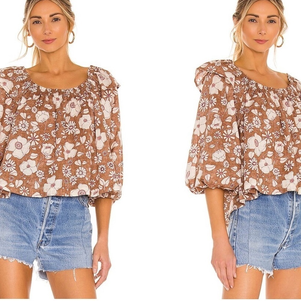Free People Miss Daisy Top SZ XS Blouson Sleeves Floral Peasant Brown Tan NWT